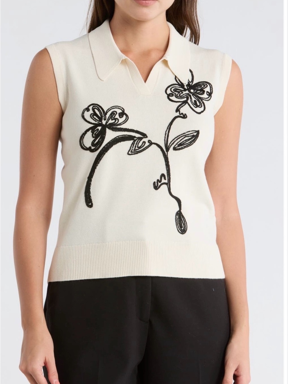 Adrianna Papell Sleeveless Collared Knit Top with Black Floral Embroidery Cream